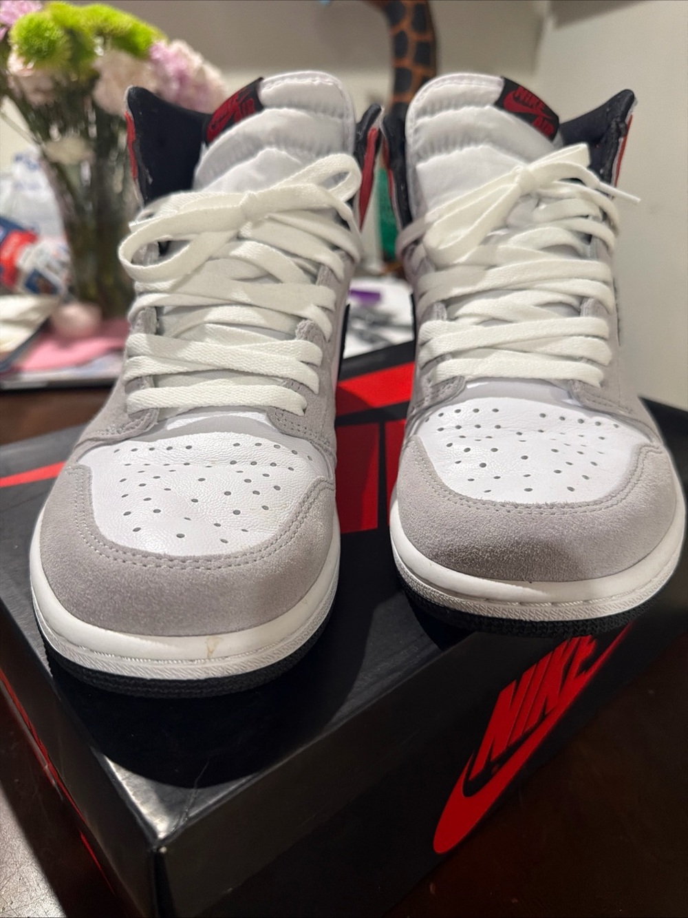 Air Jordan 1 High-Top Sneakers in White, Smoke Gray, Black & Red - Picture 3 of 7